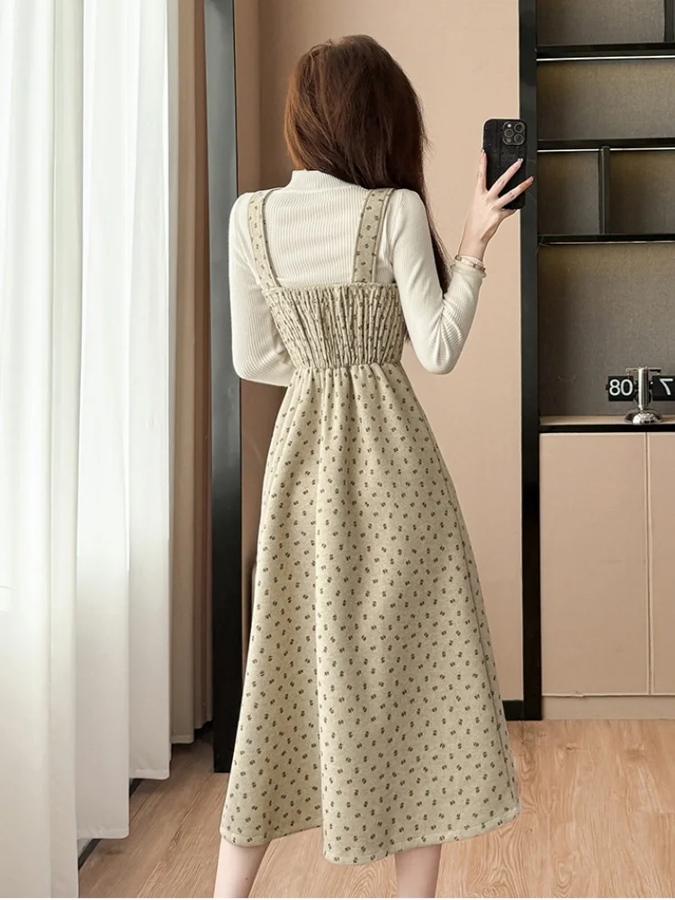 SMTHMA الفرنسية الرجعية الصوفية نقطة الحمالات فستان وتتسابق للنساء الخريف الشتاء طويلة الأكمام قاعدة محبوك سترة قطعتين مجموعة #4