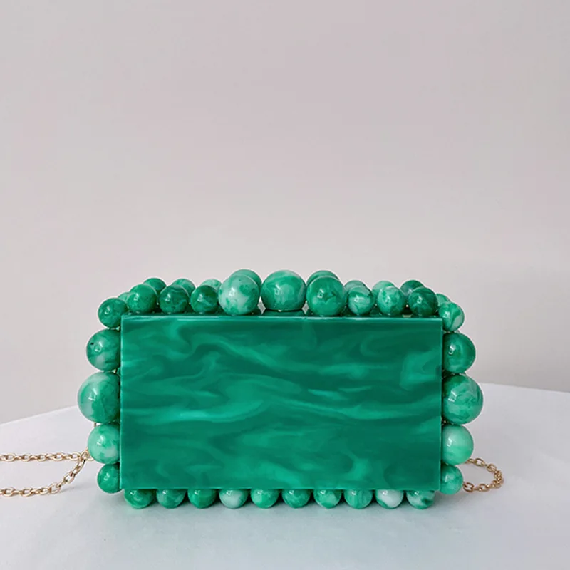 Women Acrylic Box Evening Clutch Bags Wedding Party Luxury Gold Green Foil Beads Purses And Handbags Summer Beach Travel Wallet