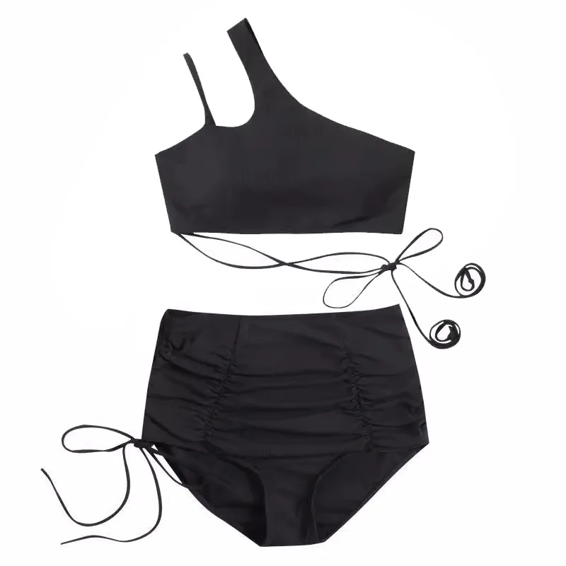 Sexy um ombro crop top para mulheres, shorts com cordão preto, conjuntos de biquíni Bottoms, maiô duas peças, swimwear acolchoado, moda coreana