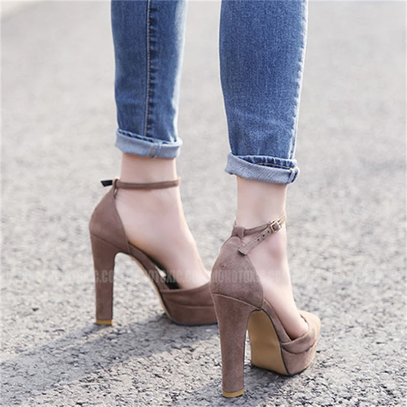 Fashion Women Ankle Strap Sandals Casual Flock Buckle Strap 11cm Thin High Heels Pointed Toe Women Sandals Discount Pumps Black