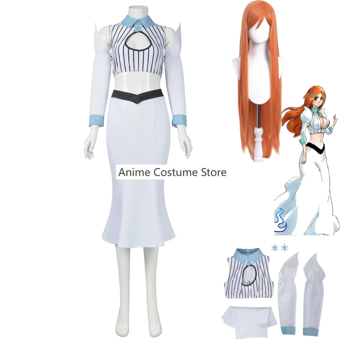 Anime BLEACH Inoue Orihime Cosplay Costume Princess White Dew Waist Long Skirt Headwear Woman Sexy Carnival Halloween Suit