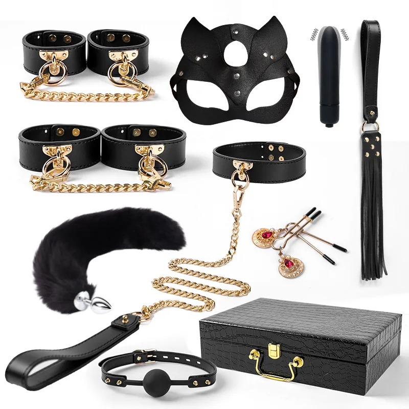 High-end leather SM bondage props 9-piece set SP whip sex collar handcuff plug set Portable storage adult sex play supplies