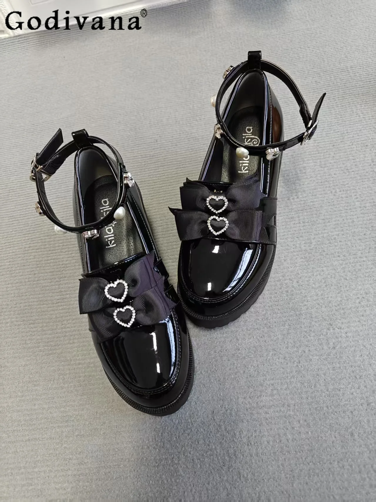 

2025 New Japanese Original Mine Bow High Heels Lolita Round Head Platform Rhinestone Jk Girl Mary Jane Single Shoes