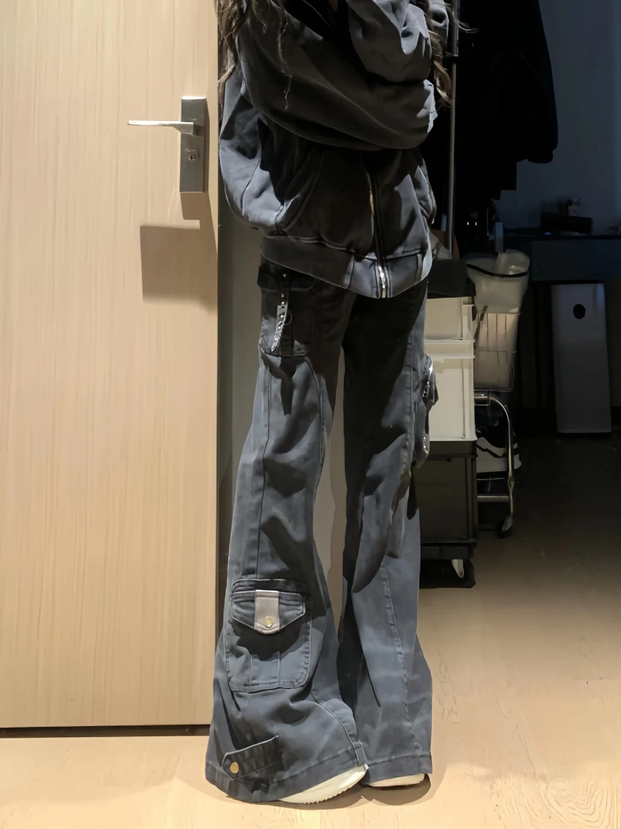 Dames Flare Cargo Jeans Harajuku Japanse laagbouw denim broek Abi Y2k Bell Bottom Amerikaanse Retro High Street Dark Academia