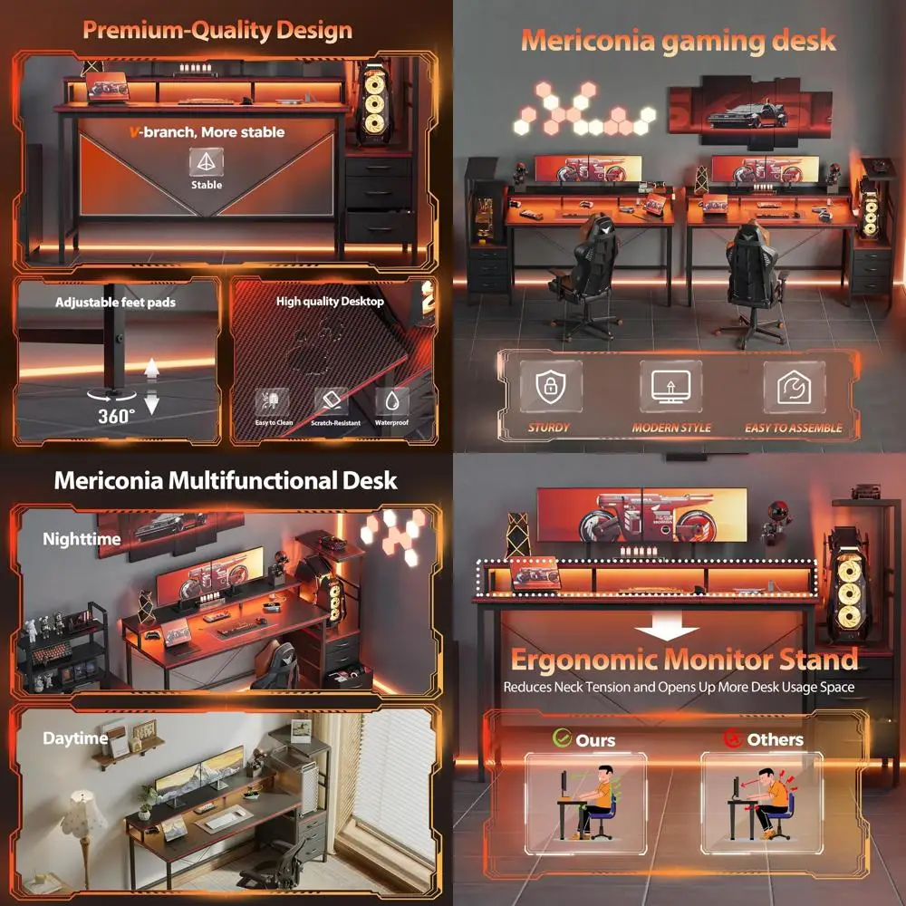 60 Reversible Gaming Desk with LED Lights, Storage, and Power Outlets