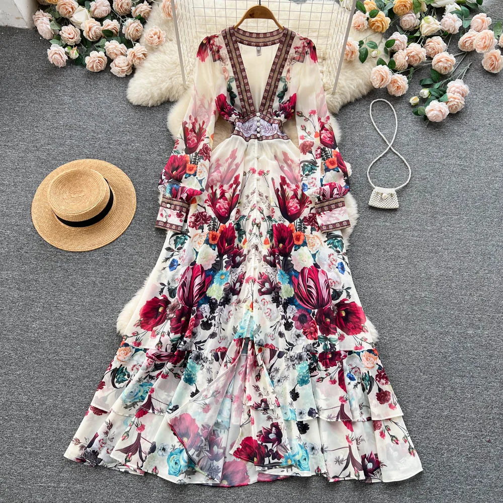 Women Deep V-Neck Bohemian Style Dress Spring Summer Runway Long Sleeve Casual Floral Print Ruffles Sweet Cascading Vestidos