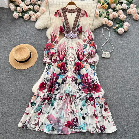 여성 딥 v 넥 보헤미안 스타일 드레스 봄 여름 활주로 긴 소매 캐주얼 꽃 프린트 프릴 Sweet Cascading Vestidos