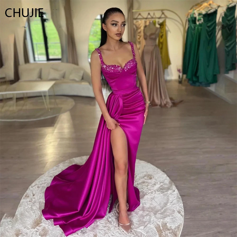 

Satin Mermiad Women Evening Dresses Vintage Wedding Party Gowns With Sequin Pleat Celebrity Dress Slit vestidos de fiesta