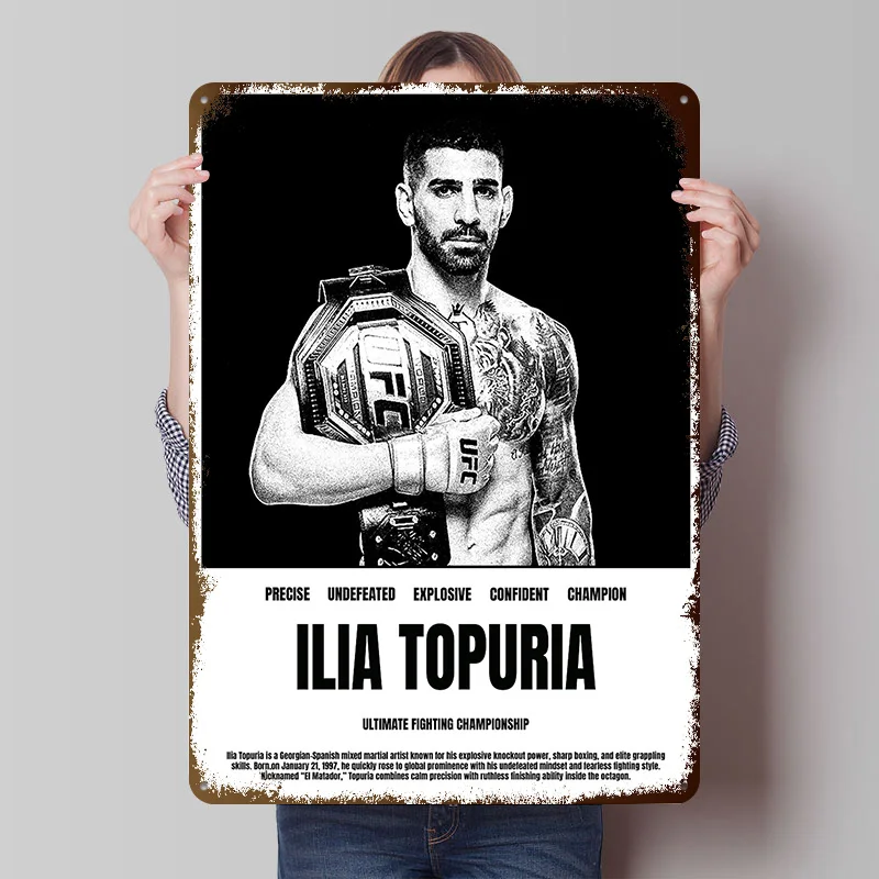 Affiche de champion Ilia Topuria, plaques métalliques vintage personnalisées, art mural rétro, plaque en étain pour la décoration de la pièce, décoration intérieure