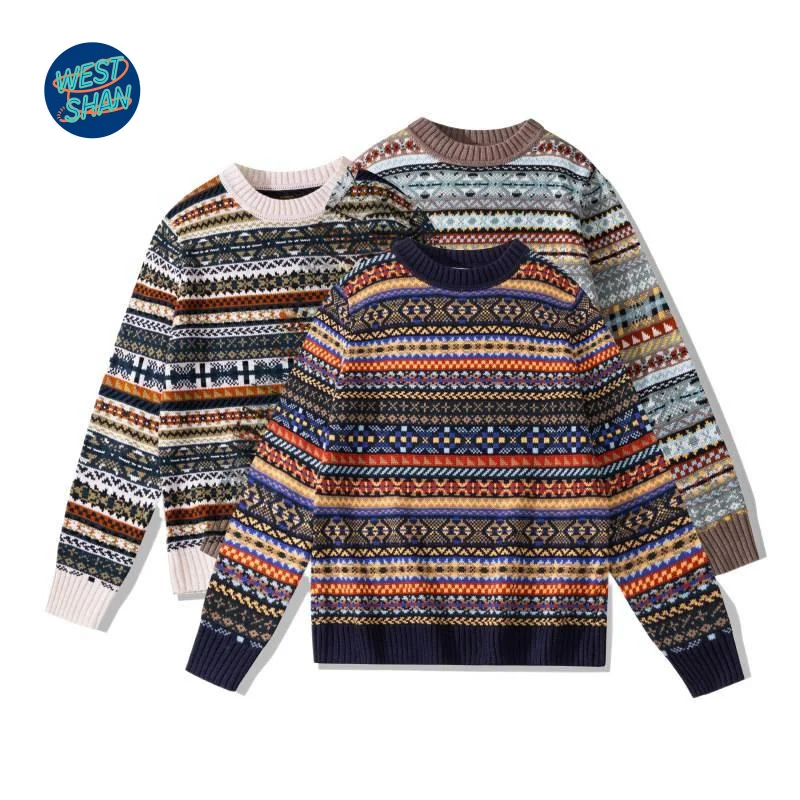 

W2EJOURNEY Top Quality EU US Size Retro Round Neck Pullover Sweater Printing Pattern Knitted Wool Blend Sweater