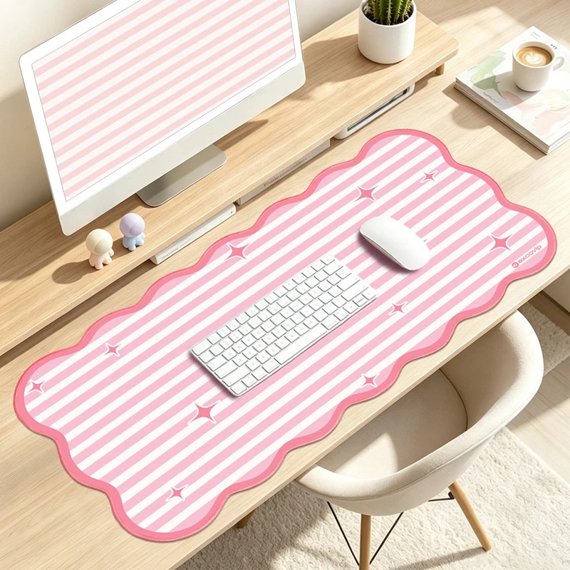 Luxur Minimalist Pink Stripes Girl Portable Mouse Pad Waterproof Non-slip PU Leather Suede Desk Mat Computer Keyboard Desk Pad