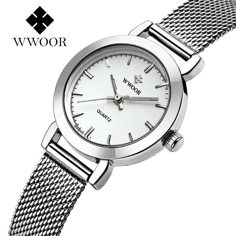 Reloj WWOOR informal a la moda para mujer, reloj de pulsera blanco resistente al agua para mujer, reloj de pulsera de cuarzo de acero inoxidable