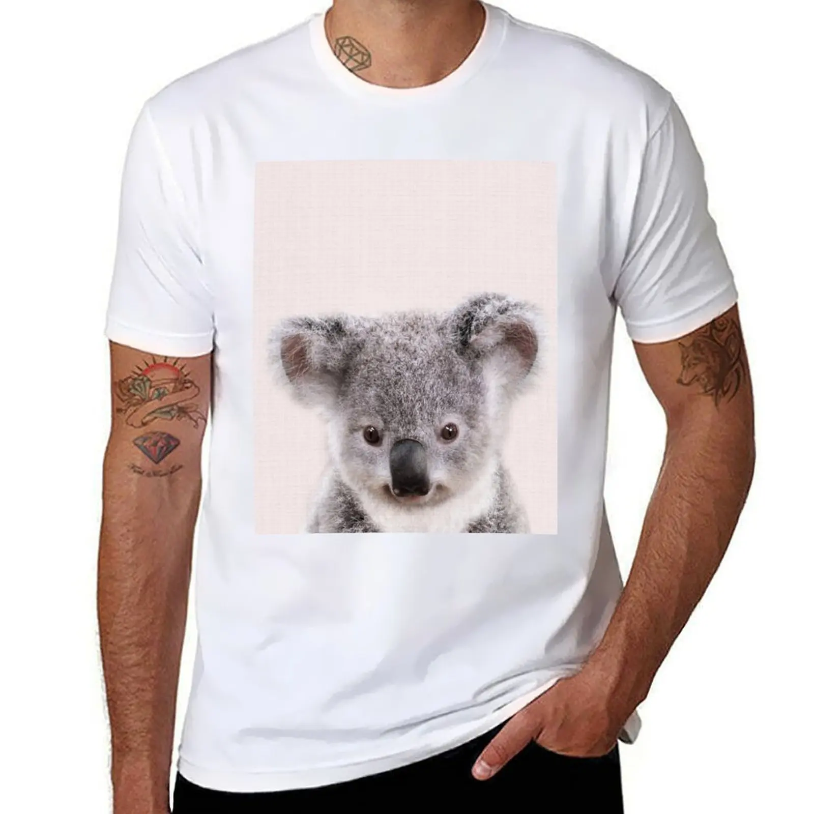 

Baby Koala With Pink Background, Baby Animals Art Print by Synplus T-Shirt man t shirts high quality luxury brand T-Shirt