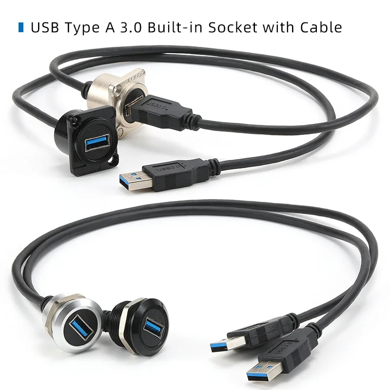 0.5-2m  USB 3.0 Data Extension Cable USB Type D Metal Connector Flush Mount Adapter Socket Wires for Phone Car Truck Moto Indust