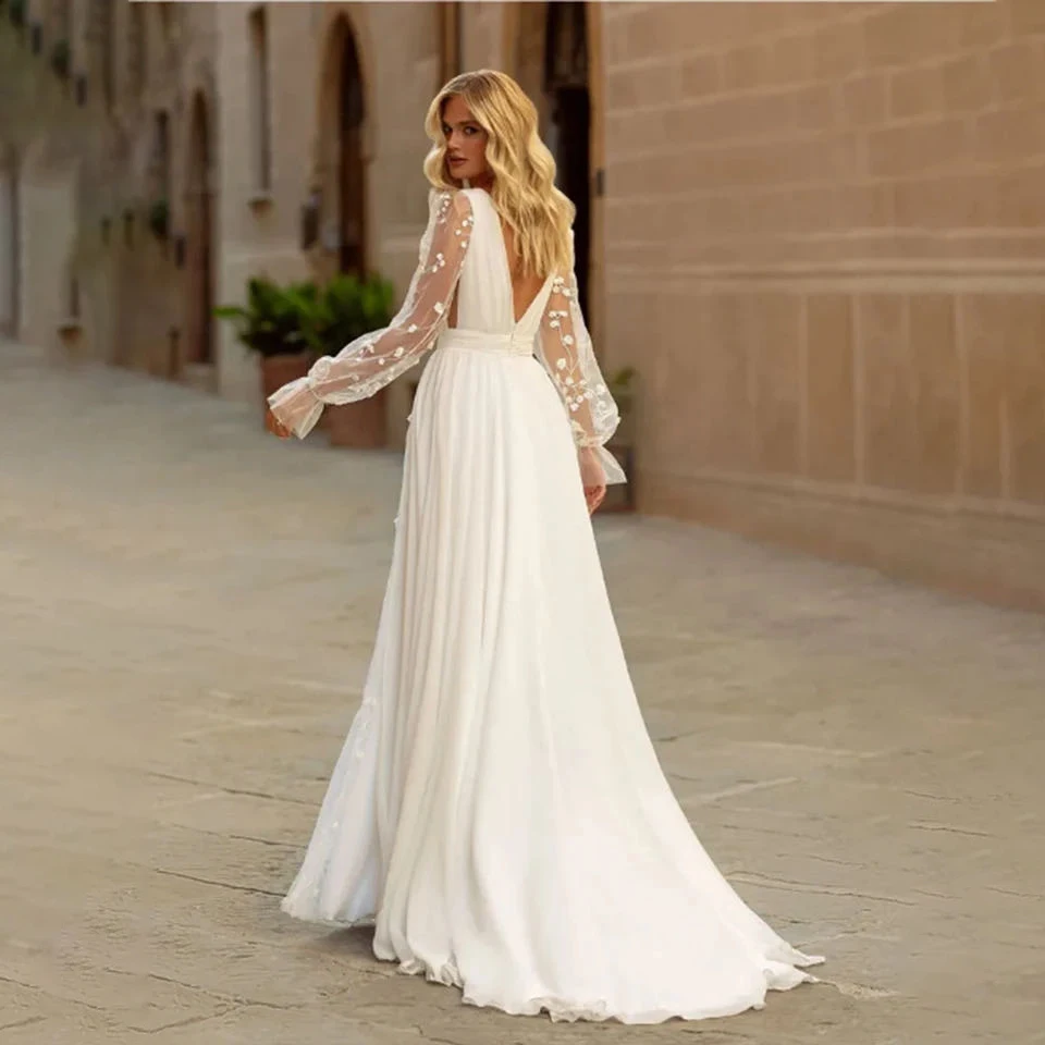 Customized Sexy Wedding Dresses Deep V Neck Long Sleeves Bridal Gowns Backless Lace A-Line Sweep Train Chiffon свадебное платье