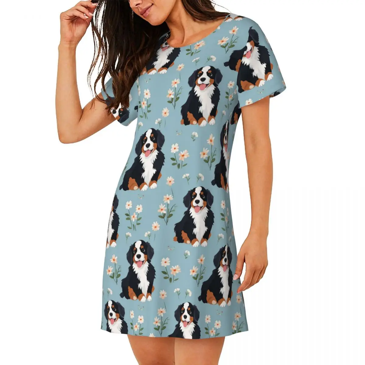 Cartoon Cute Bernese Mountain Dog Pattern Short Sleeves Nightdress For Sleeping Women Short Sleeve Nightgowns Loose Pajama Dress