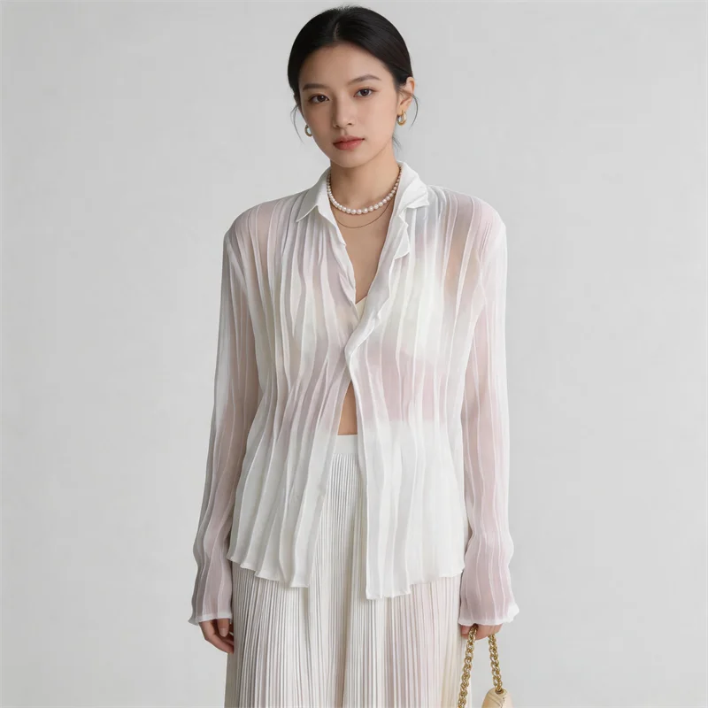 Miyake Single Button Design Cardigan Shirts for Women 2025 New Summer Lightweight Long Sleeve Sunscreen Clothing Chic view 2