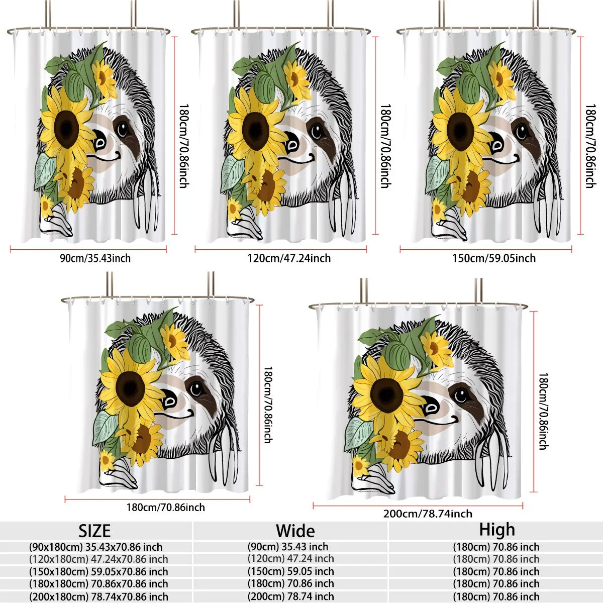 Cartoon Sloth Portrait Yellow Sunflower Floral Pattern Bath curtain, Cozy Soft Warm  for Living Room, Adorable