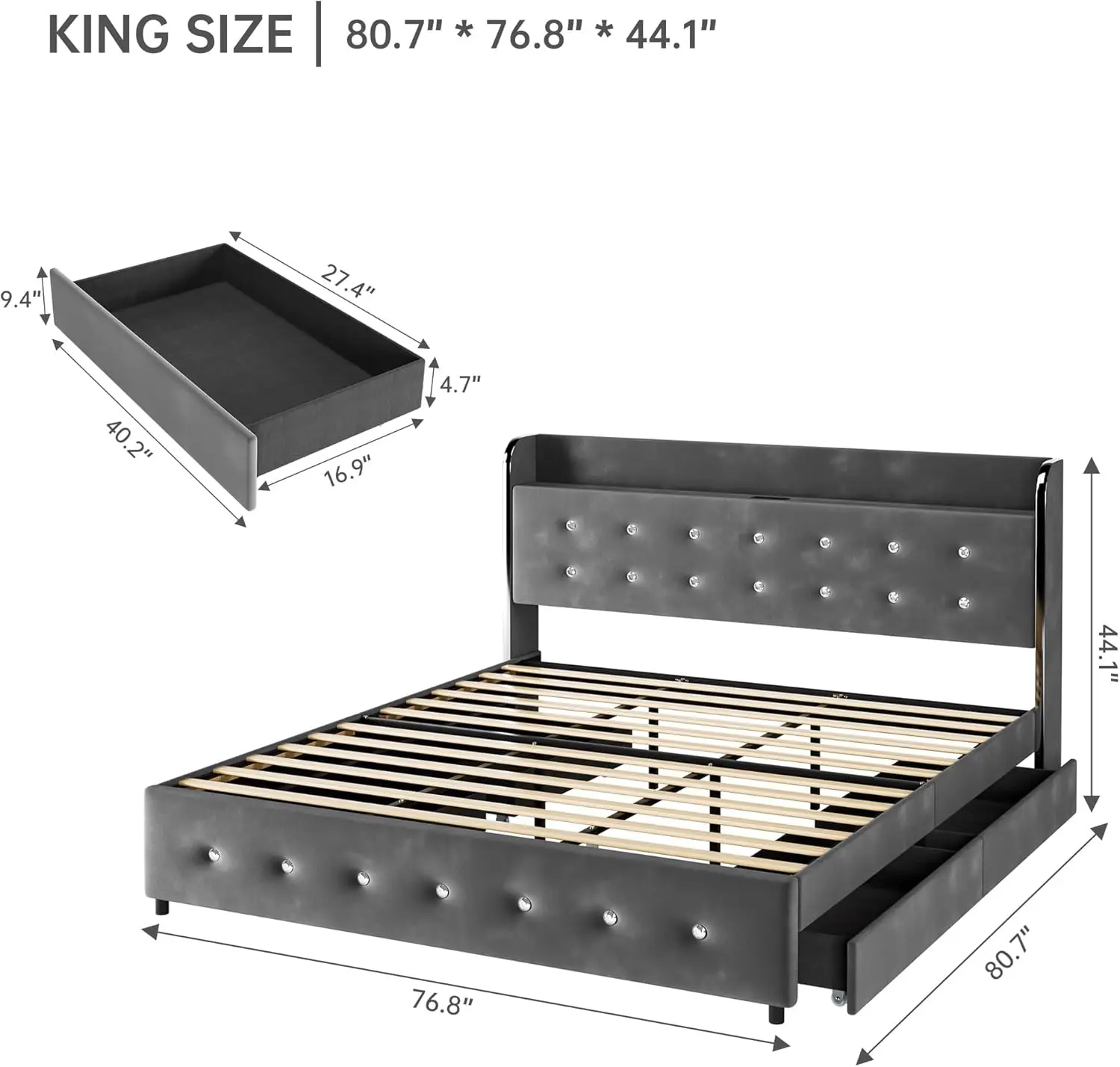 IDEALHOUSE King Bed Frame, Storage Headboard, 4 Drawers, Upholstered Platform, Charging Station, Wood Slats, No Box Spring, Grey