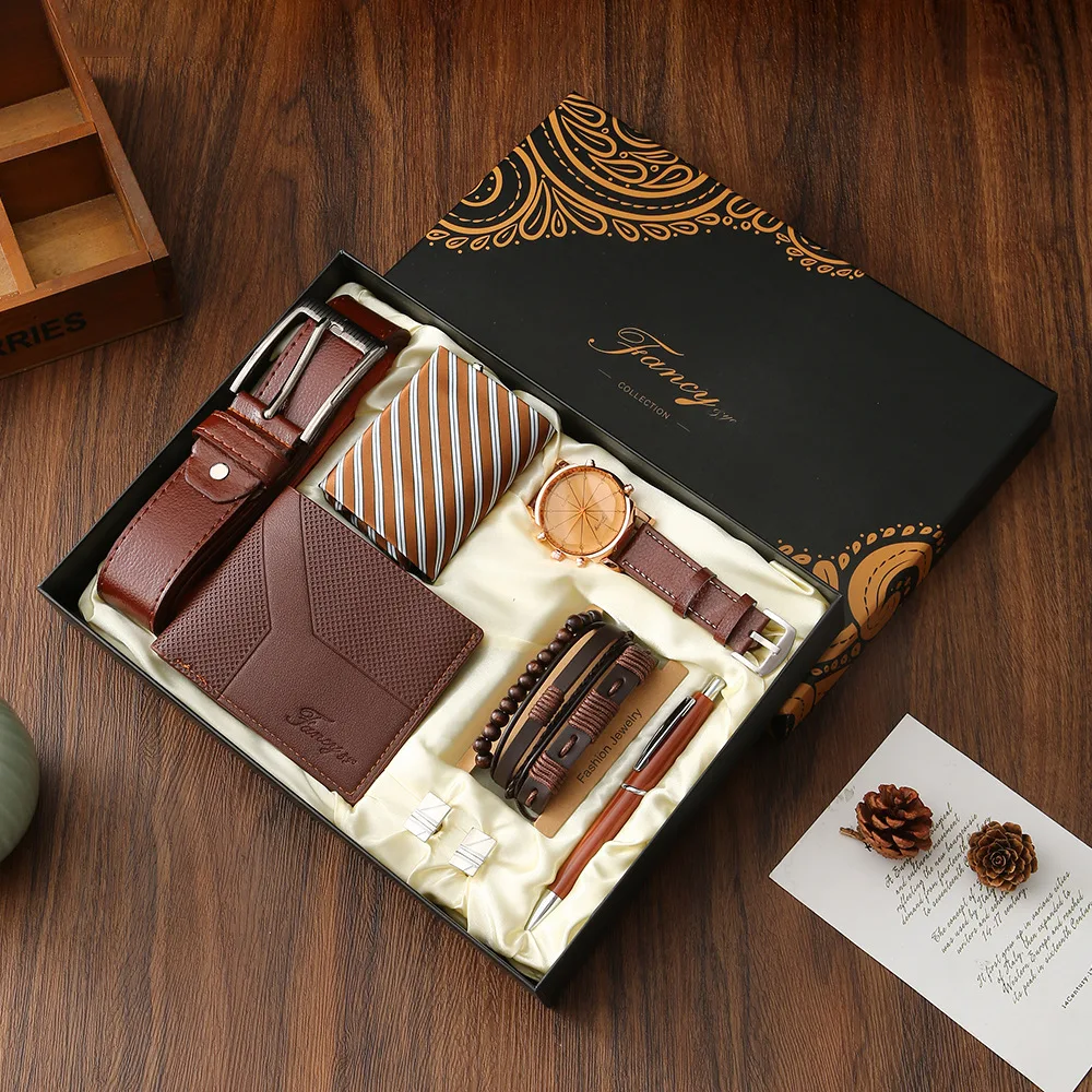 New Men Gift Set with Box Watch Bracelet Tie Cufflinks Ballpoint Pen Belt and Wallet Set for Men Boyfriend Son Dad Husband Gifts