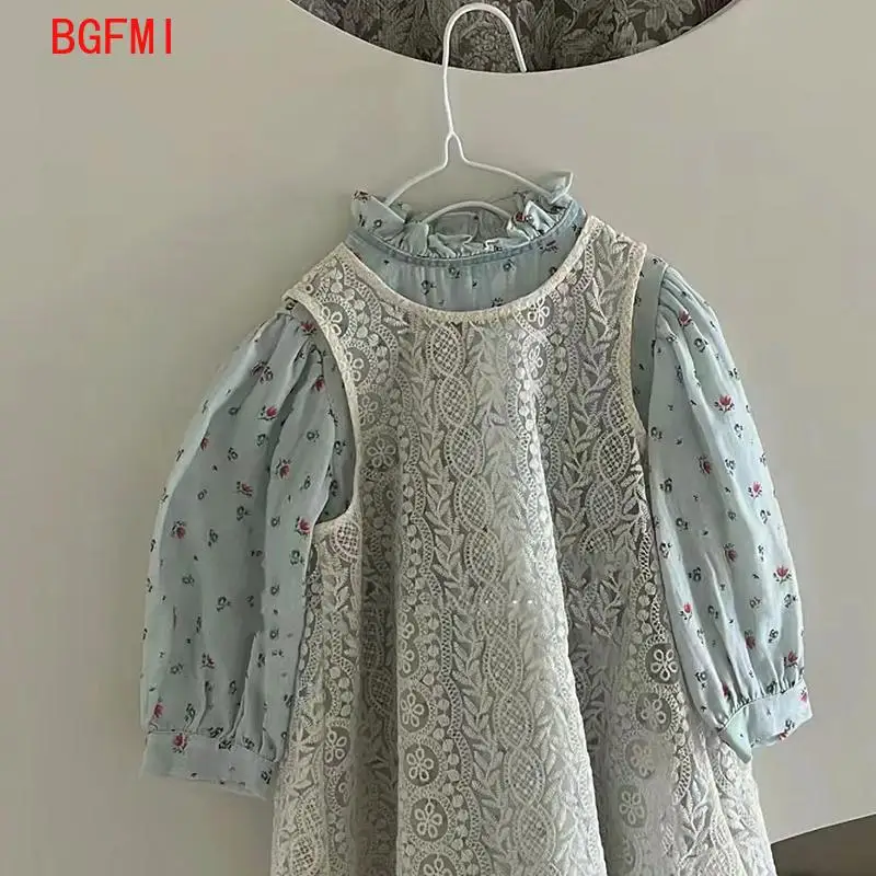 Korean Children's Clothing Girl Set Spring New Children's Floral Long Sleeved Flower Princess Dress + Beige Vest Dress 2 Pcs Set