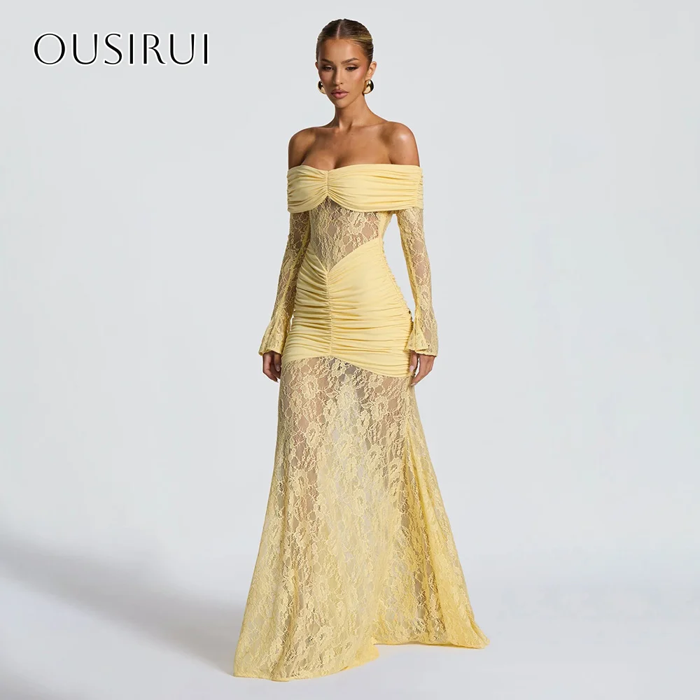 레이스 오프숄더 시스 이브닝 드레스 플리츠 플로어 기장 롱 슬리브 파티 가운