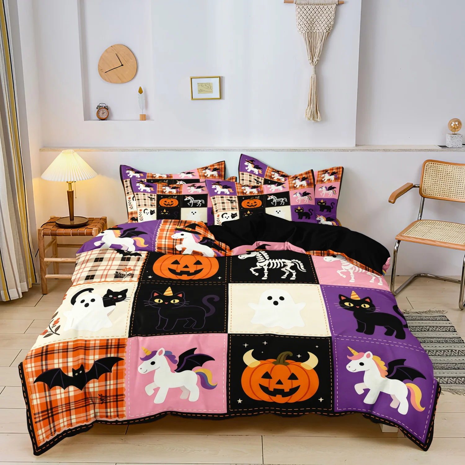 3Pcs Duvet Cover Set, Block Grid Patchwork Halloween Cute Unicorn Black Cat Ghost Pumpkin Bat Skeleton Horse Print Bedding