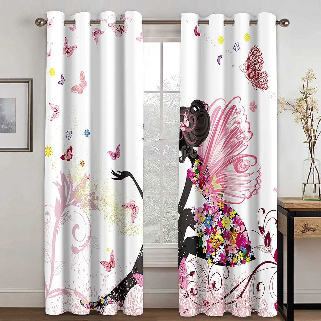 2Panels Pink Princess Dancing Curtains for Kids Girls Bedroom Living Room Window Blinds Floor-to-ceiling Windows Grommet Top