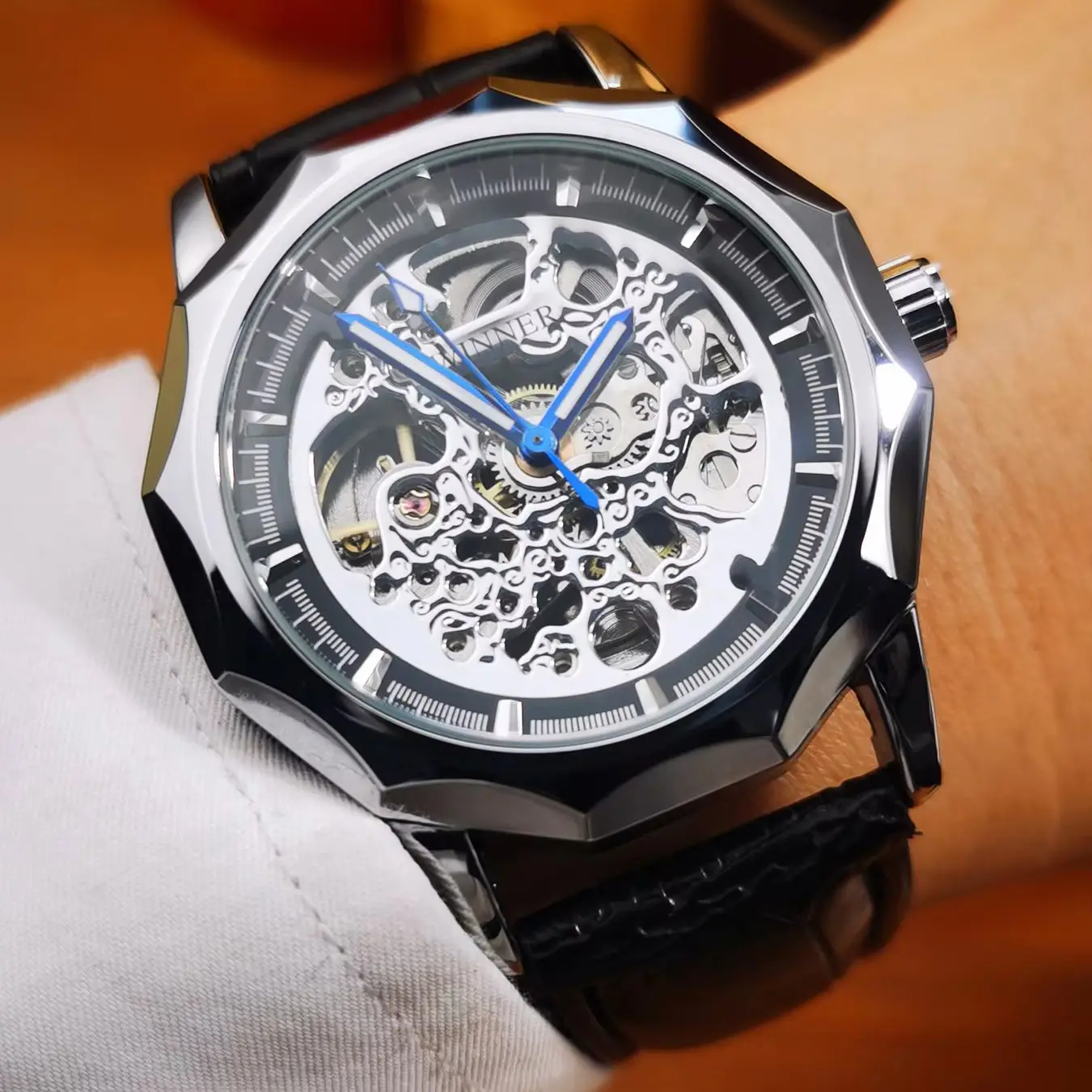 

WINNER Classic Business Irregular Skeleton Mechanical Watches Luminous Hands Steel Leather Strap Luxury Automatic Men Watch New