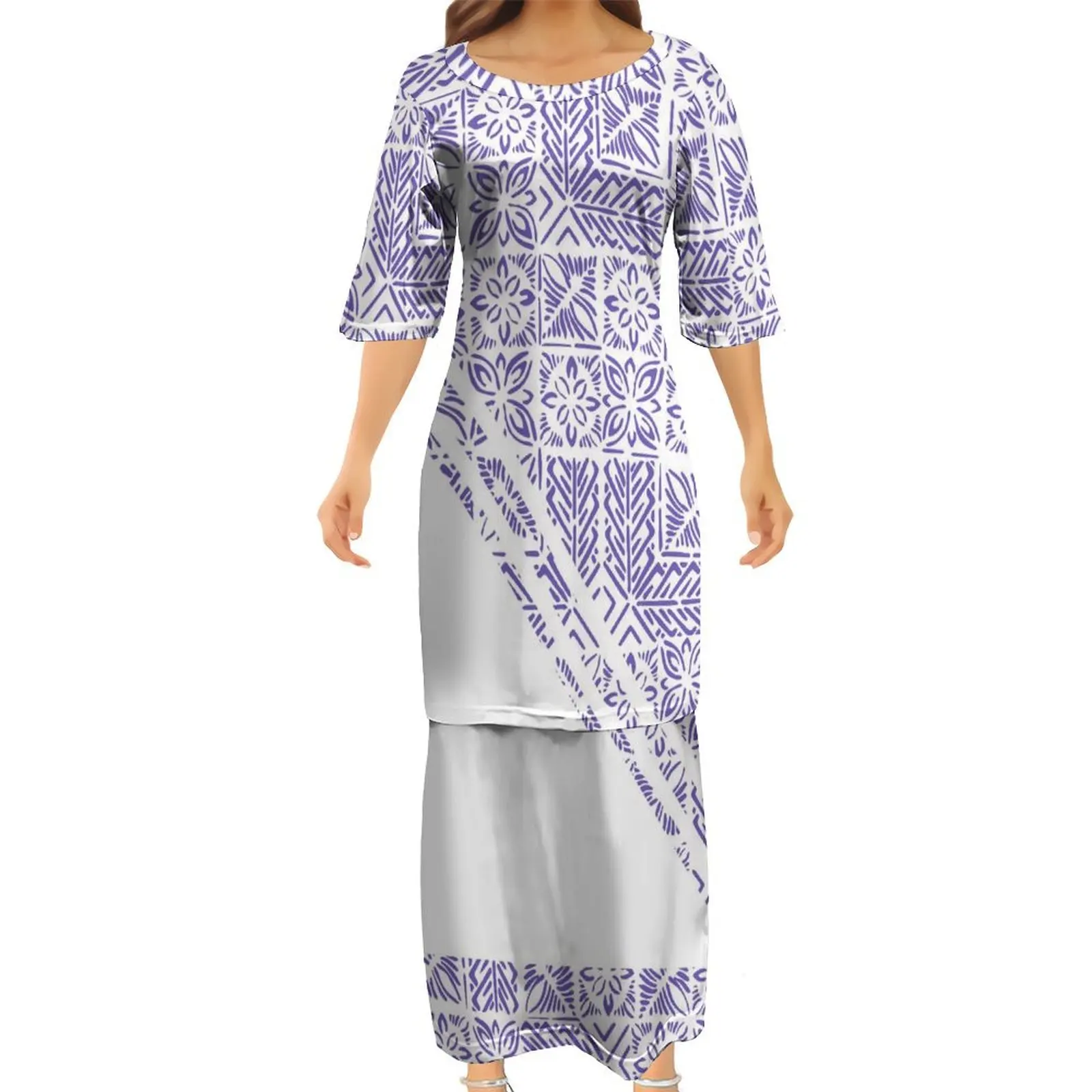 New Mother Day Custom Crew Neck Samoan Puletasi Sets Polynesian Traditional Dresses Tonga Ptaha Ladies Two Piece Set Outfits