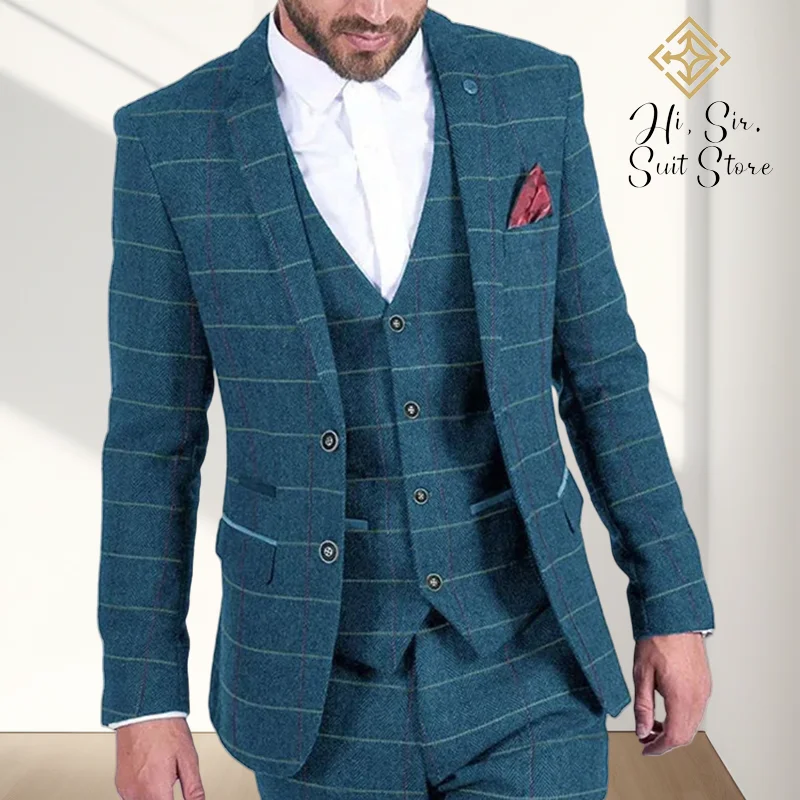 

Мужской костюм, новый твидовый клетчатый костюм с узором «елочка», стильный облегающий костюм-тройка, синий клетчатый пиджак, мужской деловой банкетный ансамбль