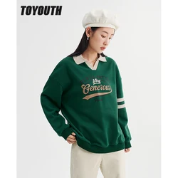 Toyouth Women Fleece Sweatshirt 2022 Winter Long Sleeve Polo Neck Loose Hoodie Letter Print Preppy Style Casual Chic Pullover