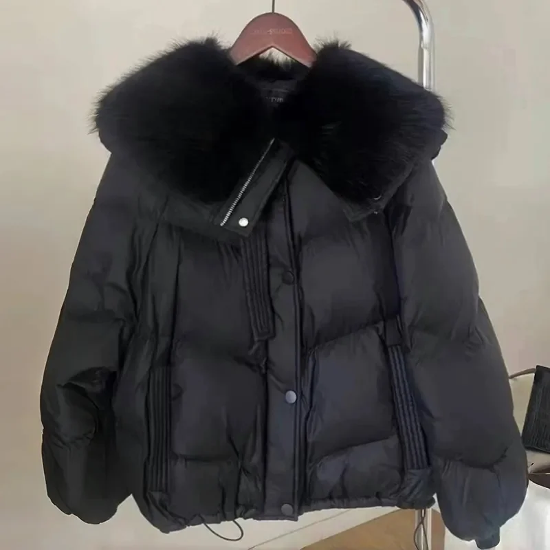 Chaqueta corta acolchada de algodón para mujer, Parkas con Cuello de piel, abrigos de algodón grueso, ropa de abrigo informal negra para mujer, invierno 2025