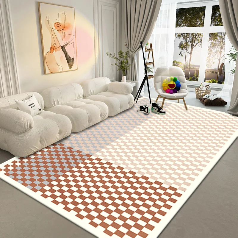 Ins Checkerboard Carpets for Living Room Easy Care Balcony Rugs Simple Large Area Rugs for Bedroom Decor Non-slip Lounge Carpet