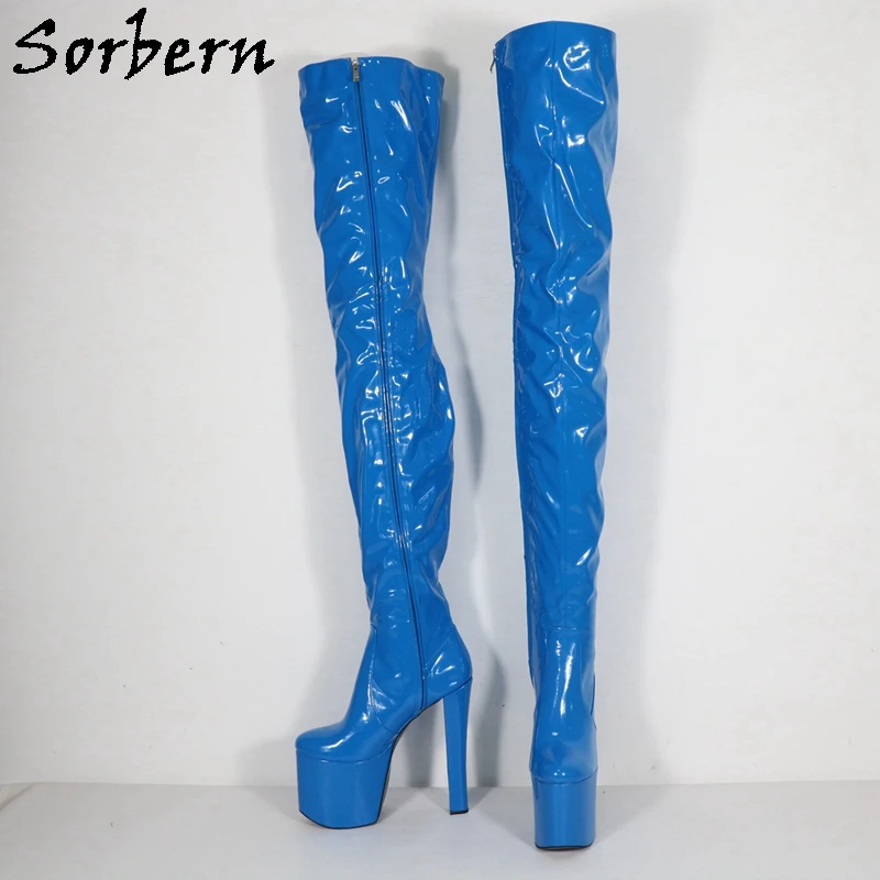 Sorbern Blue Patent Crotch Thigh Boots Women 20cm Block High Heel Platform Winter Style Cross Dresser Boot Unisex Custom