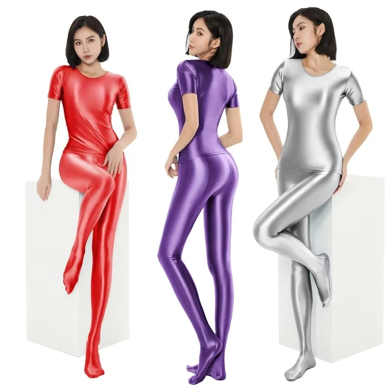 Sexy Women Silky Smooth Glossy T-Shirt Tight Short Sleeve Silk Base Shirt Casual Versatile Sports Swimwear
