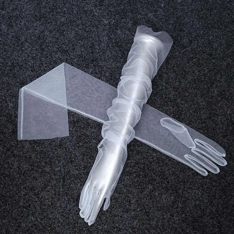 70 سنتيمتر النساء طويلة رقيقة جدا قفازات تول الكوع حفل زفاف فستان عروس القفازات شير شفافة خمر أسود أبيض قفاز شبكي