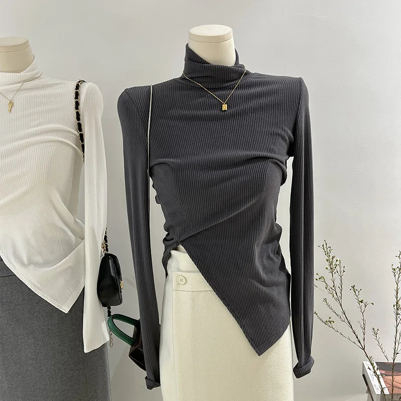 

Женская футболка с высоким воротником и длинными рукавами, без фирменной этикетки, из начесанного хлопка, базовый слой, корейский стиль, приталенный крой, для повседневной носки