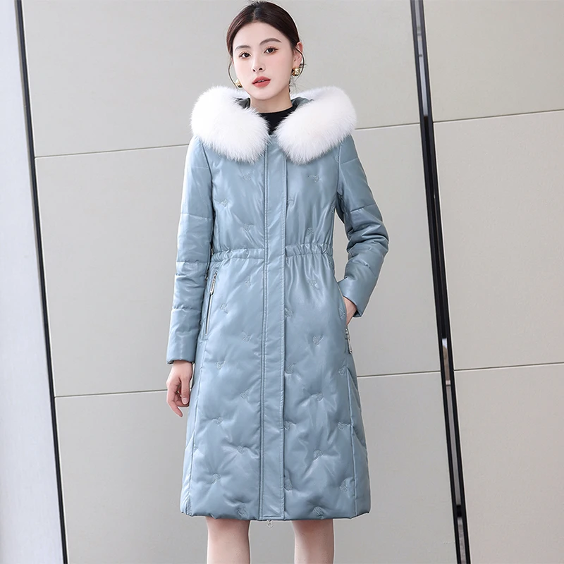 New Women Hooded Leather Down Coat Winter Fashion Casual Real Fox Fur Collar Thick Warm Long Sheepskin Down Coat Split Leather