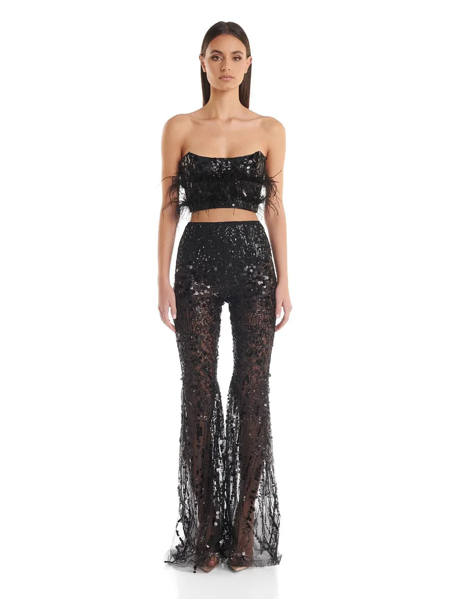 Women Sexy Strapless Hollow Out Sequins Black Two Pieces Pants Set 2024 Celebrity Elegant Evening Birthday Party Women's Set