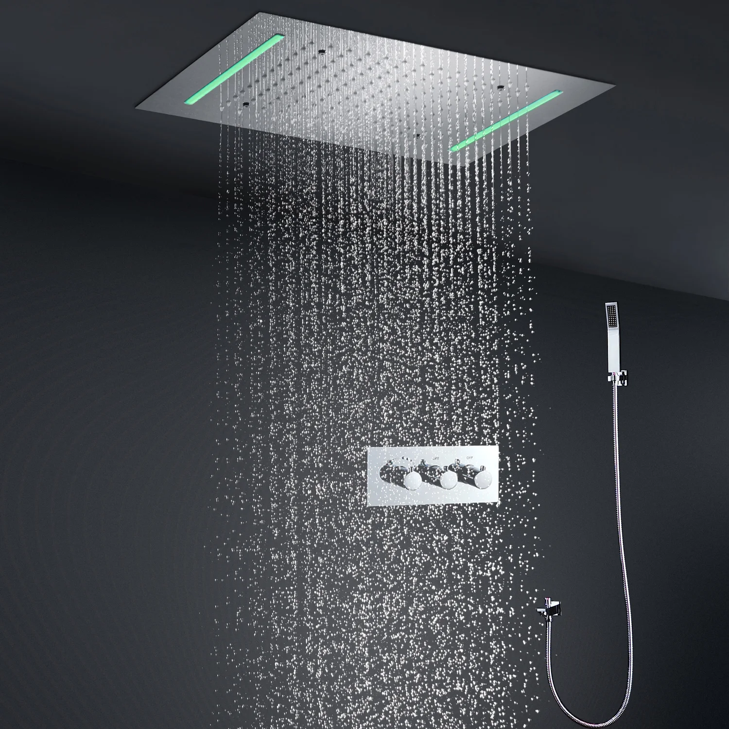 Système de douche à LED au plafond moderne, panneau de pommeau de douche à effet pluie carré, inverseur thermostatique, ensemble de douche, hm, 20 × 14 pouces