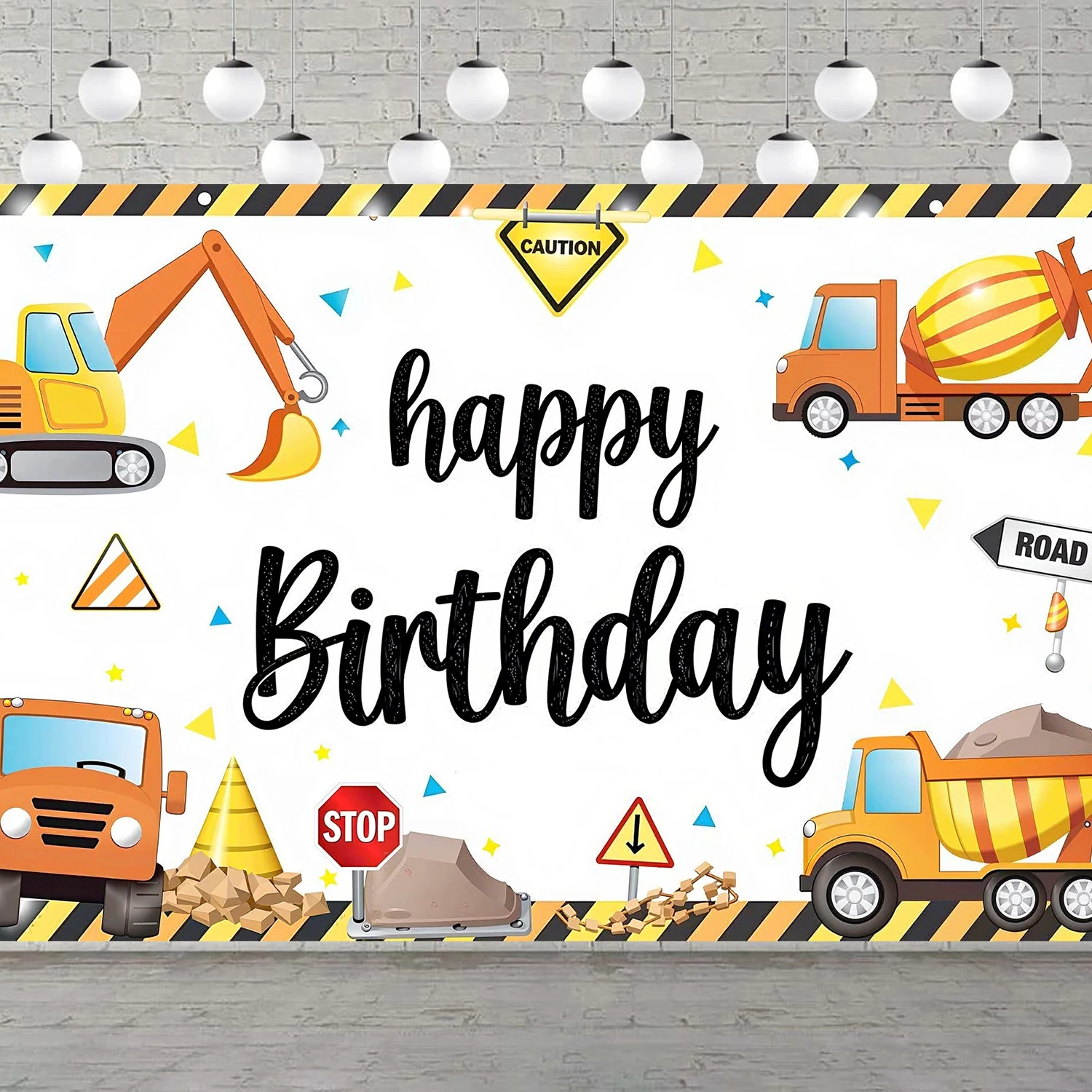 Construction Birthday Banner Backdrop Party Decorations for Boys Happy Birthday Photography Background Photo Booth Props