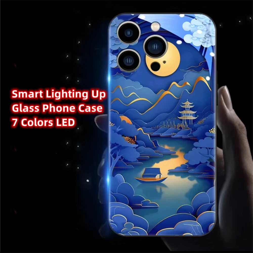 

Blue Ancient Painting LED Light Glow Luminous Glass Phone Case For iPhone 15 14 13 12 11 Pro Max XR XS Plus 6 7 8 SE2020