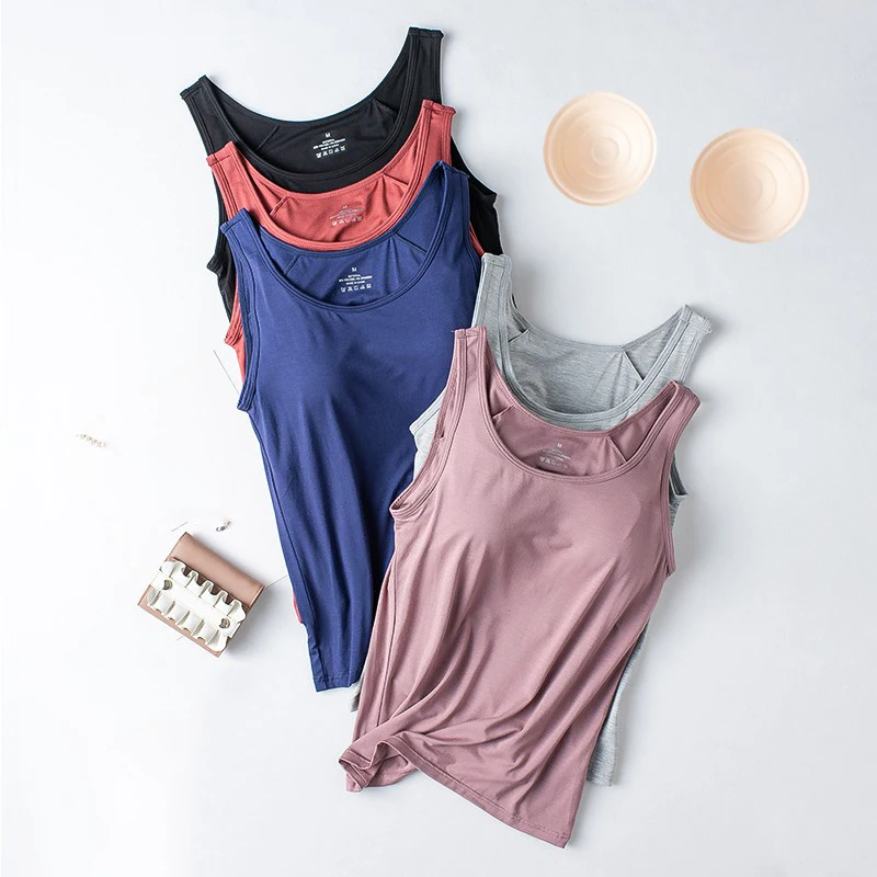 Women's One-Piece Sleeveless Slim Tank Top With Chest Pad Solid Color Soft Smooth Shockproof Casual Sport Vest With Built In Bra