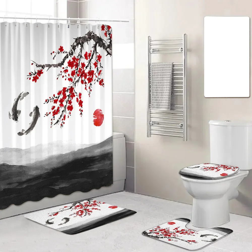 Ink Landscape Shower Curtain Set Red Plum Blossom Flowers Sun Koi Fish Art Bathroom Decor Non-Slip Rug Bath Mat Toilet Lid Cover