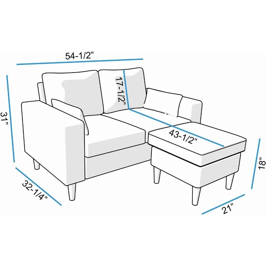 أرائك أريكة Sectiol مقعد Loveseat على شكل حرف L مع مسند قدم عثماني من قماش الكتان أريكة مقعد الحب مع كرسي قابل للعكس لـ Apar الصغير