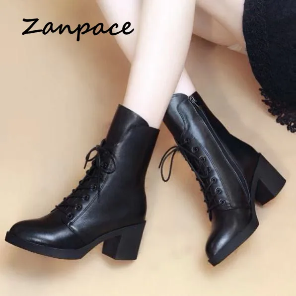 ZANPACE Platform Heels Women Boots Winter Plus Velvet Mid-tube Women Shoes Fashion Pointed Toe Winter Women Ankle Boots