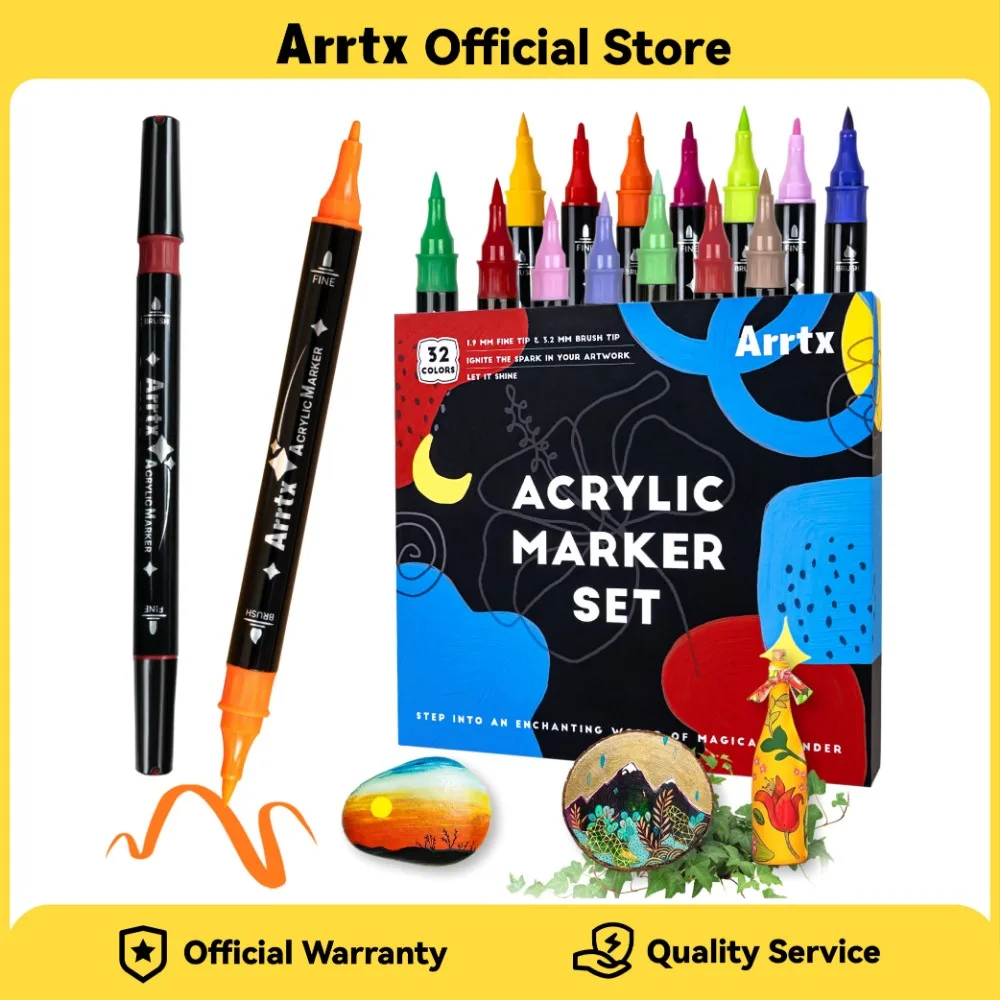 Arrtx Acrylic Pens Paint Markers 8/32/64 Colors Dual Tip Brush Tip and Fine Tip for Rock Painting Wood Ceramic Fabric Glass DIY