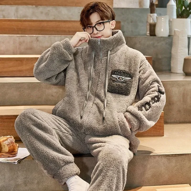 2023 New Young Students Homewear Suit Men Pajamas Coral Velvet Thickened Velvet Loungewear Loose Zipper Autumn Winter Sleepwear