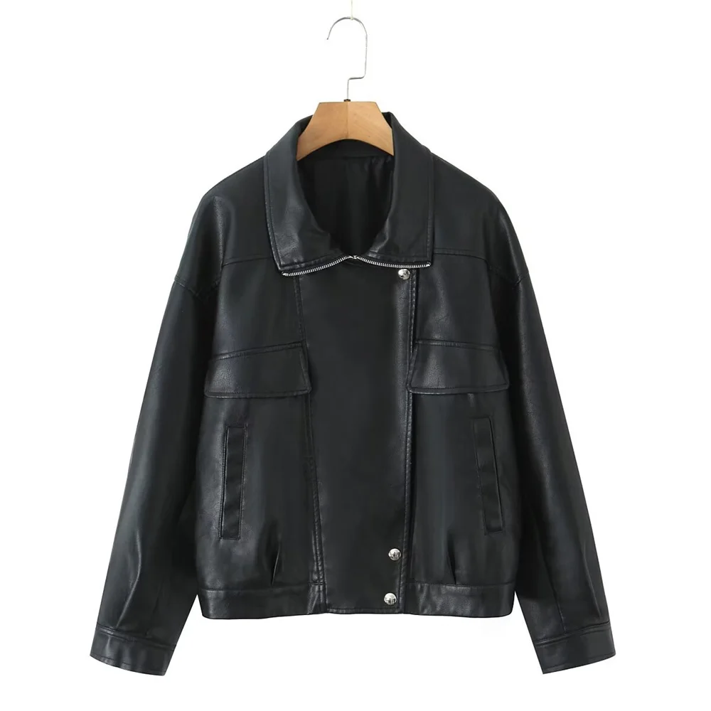 Herbst neue frauen kleidung lässig temperament lose kragen lange ärmeln einfarbig reißverschluss PU leder jacke jacke jacke